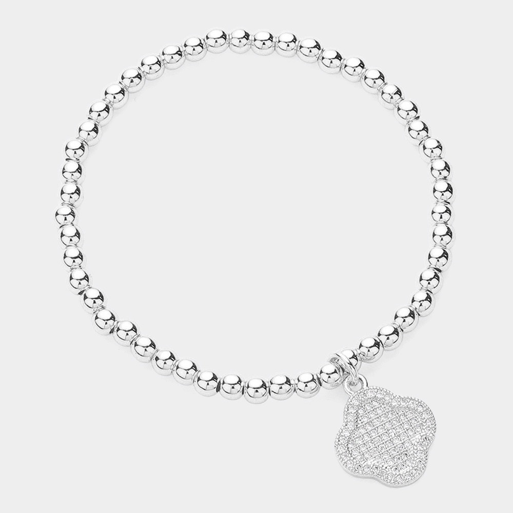 CZ Stone Charm Stainless Steel Ball Beaded Stretch Bracelet - Picture 1 of 1